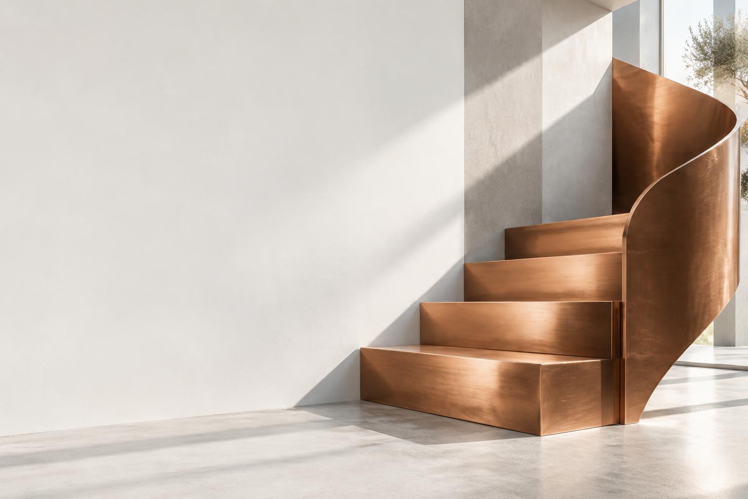 Kupferfarbene Treppe in heller Architektur